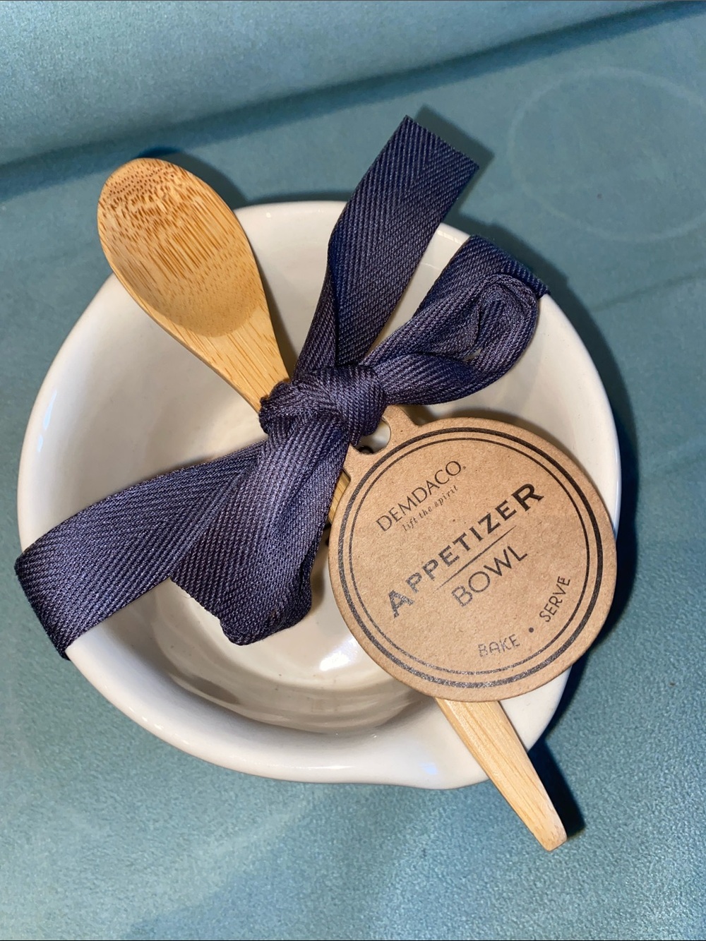 Demdaco “stir things up” White Appetizer Bowl with Navy Ribbon and Bamboo Spoon